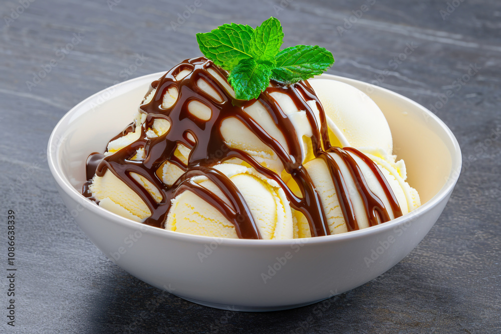 Delicious Vanilla Ice Cream with Mint Leaves Delicious Vanilla Ice Cream with Mint Leaves