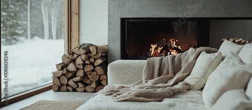 Cozy minimalist room with a white sofa near a fireplace with firewood.