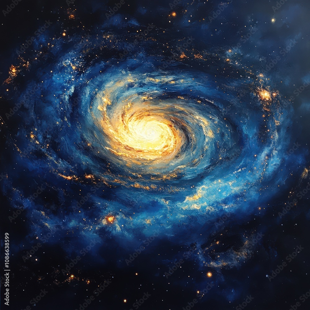 Fototapeta premium A mesmerizing spiral galaxy featuring vibrant blues and brilliant golden hues, evoking a sense of wonder in the cosmos.