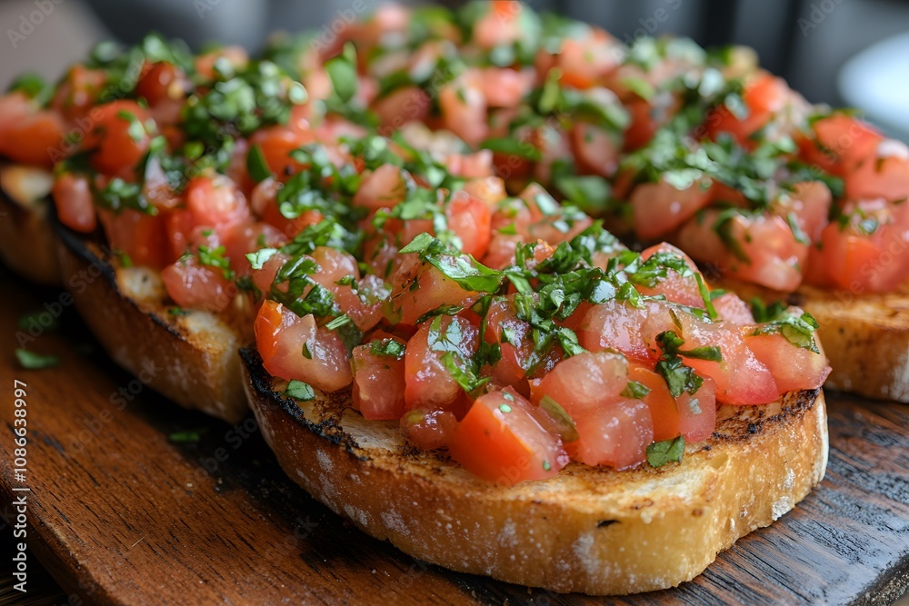 Vibrant bruschetta plate with fresh tomatoes, basil, and garlic on toasted bread. Vibrant bruschetta plate with fresh tomatoes, basil, and garlic on toasted bread.