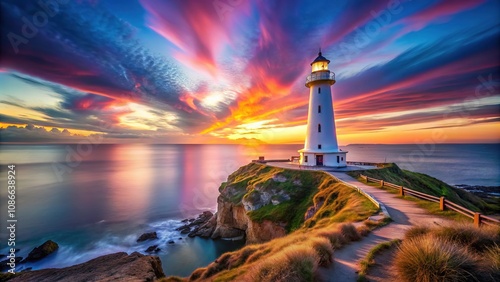 Surreal lighthouse, New Zealand,  dreamy photography, fantasy scene. photo