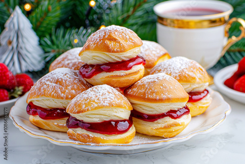 Close-up of Golden Brown Sufganiyot filled with Strawberry Jam photo