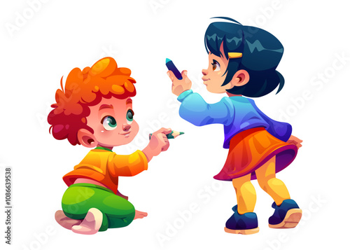 Cute kids drawing with crayon and pencil on wall isolated on white background. Vector cartoon illustration of happy boy and girl playing at nursery school or kindergarten art class, painting scribbles