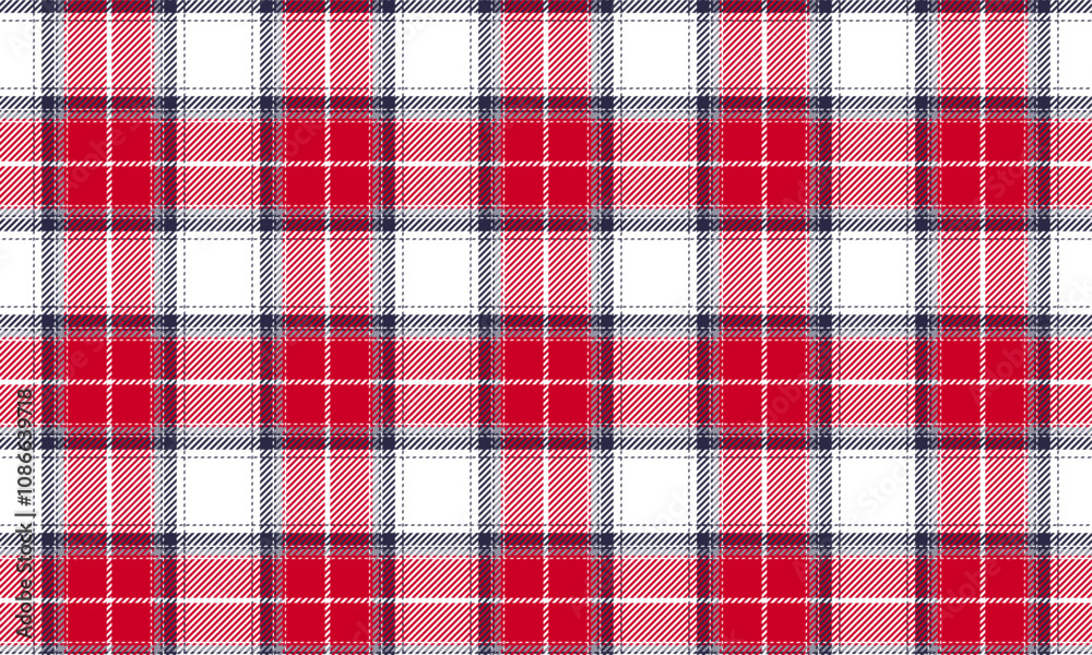 Fototapeta premium Plaid fabric pattern, white, red, blue, modern seamless distinctive for textiles, and for designing clothes, skirts, pants or decorative fabrics. Vector illustration.
