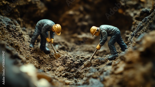 Two miniature figures of workers digging in the dirt with shovels.