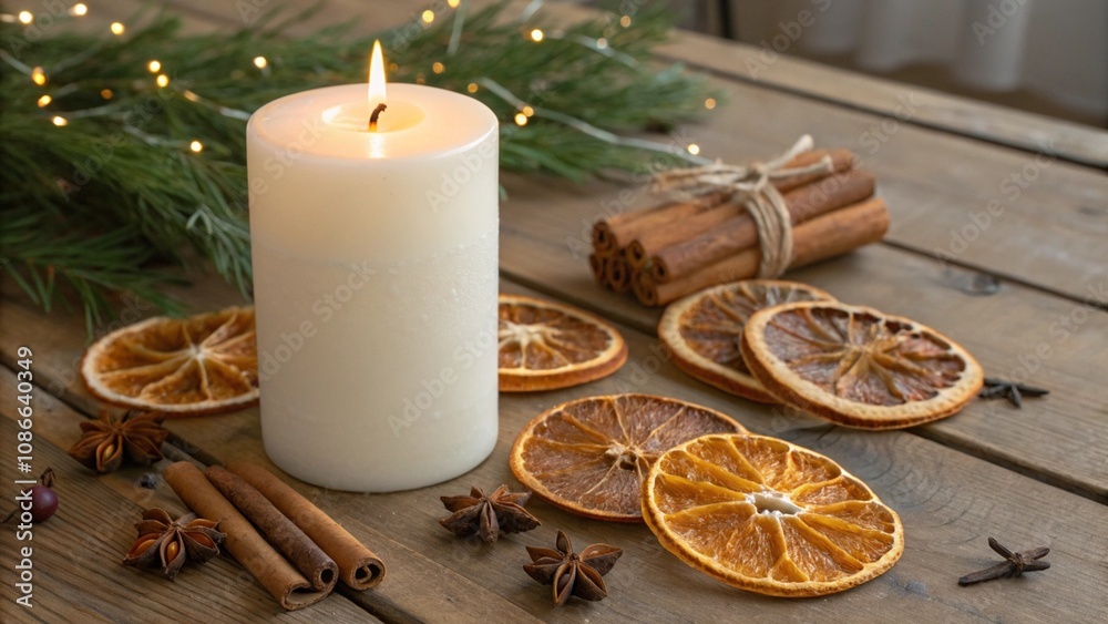 A lit candle surrounded by cinnamon and dried oranges, creating a festive scent A lit candle surrounded by cinnamon and dried oranges, creating a festive scent