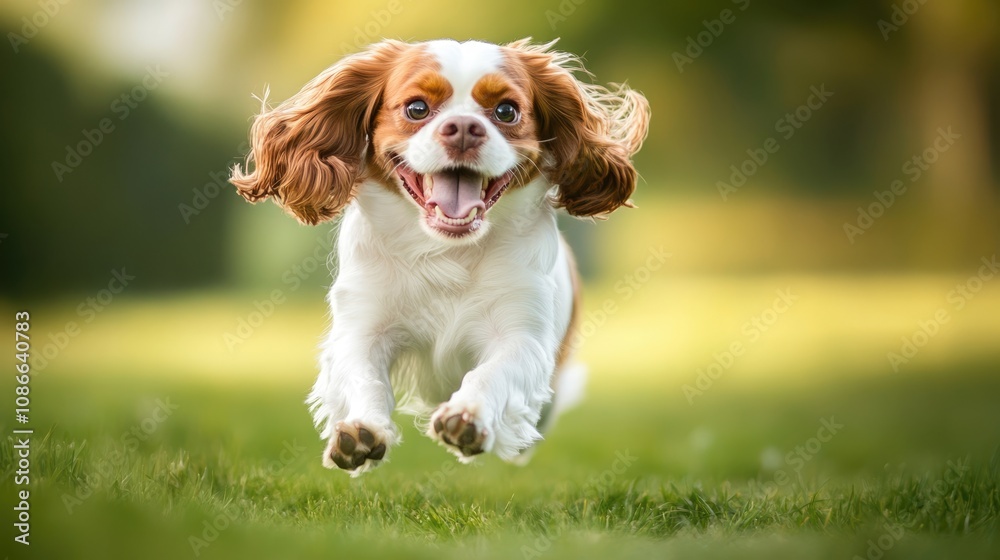Happy Cavalier King Charles Spaniel Running on Grass Happy Cavalier King Charles Spaniel Running on Grass