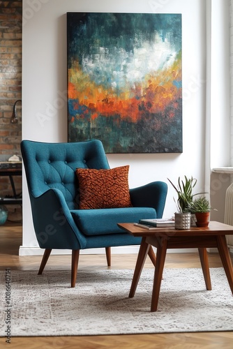 Blue armchair and wooden coffee table in a mid-century room with a large canvas art.