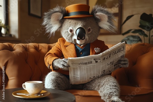 Dapper koala in a bowler hat and waistcoat reading a newspaper on a trendy couch with a cup of coffee nearby photo