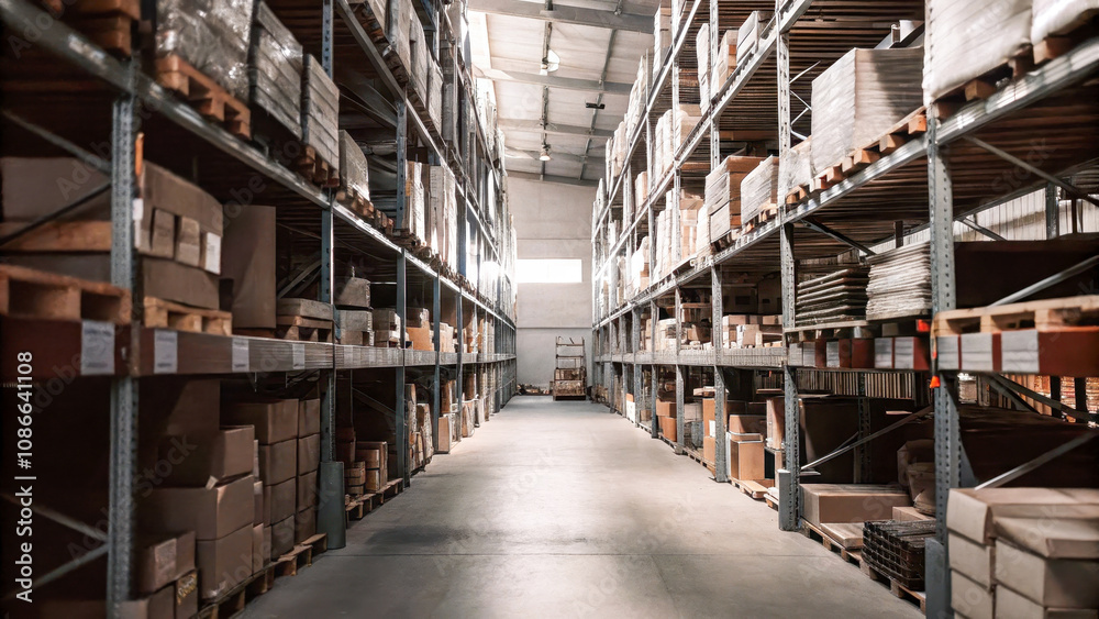 A warehouse with shelves filled with goods in cardboard boxes, demonstrating good organization of space A warehouse with shelves filled with goods in cardboard boxes, demonstrating good organization of space