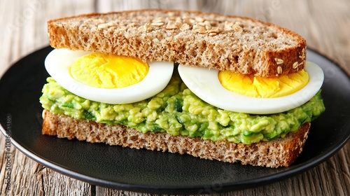 Delicious Whole Grain Sandwich with Creamy Avocado Spread and Sliced Hard-Boiled Eggs on a Rustic Wooden Table