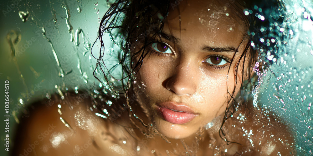 A woman with wet hair is looking at the camera A woman with wet hair is looking at the camera