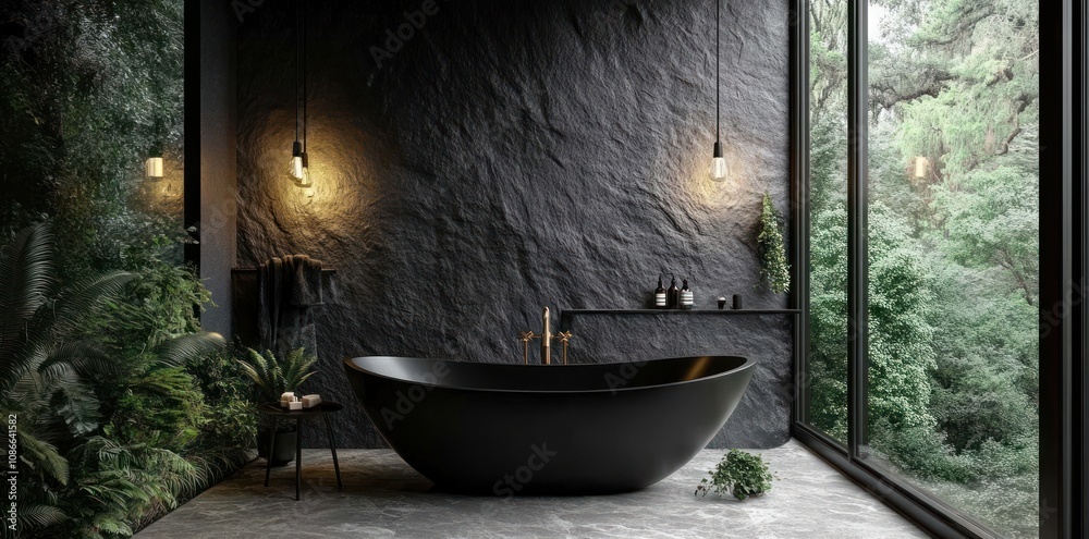 Modern bathroom featuring a black freestanding tub and large windows with a lush green view. Modern bathroom featuring a black freestanding tub and large windows with a lush green view.
