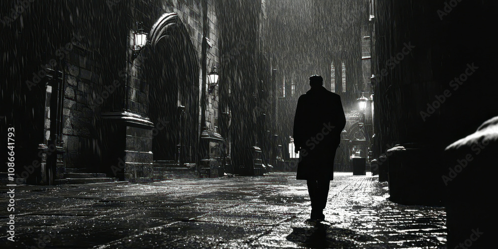 A man walks down a wet street in the rain A man walks down a wet street in the rain