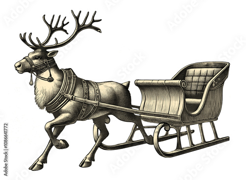 Reindeer and sleigh PNG with festive elements vintage illustration isolated on transparent background, featuring reindeer pulling a sleigh, cutout