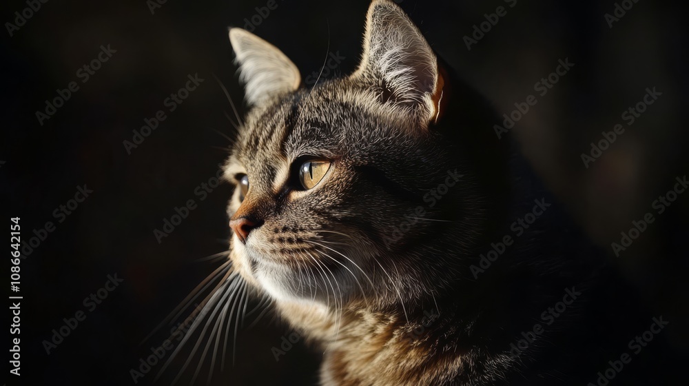 Fototapeta premium A tabby cat with green eyes sits and looks to the side against a dark background.