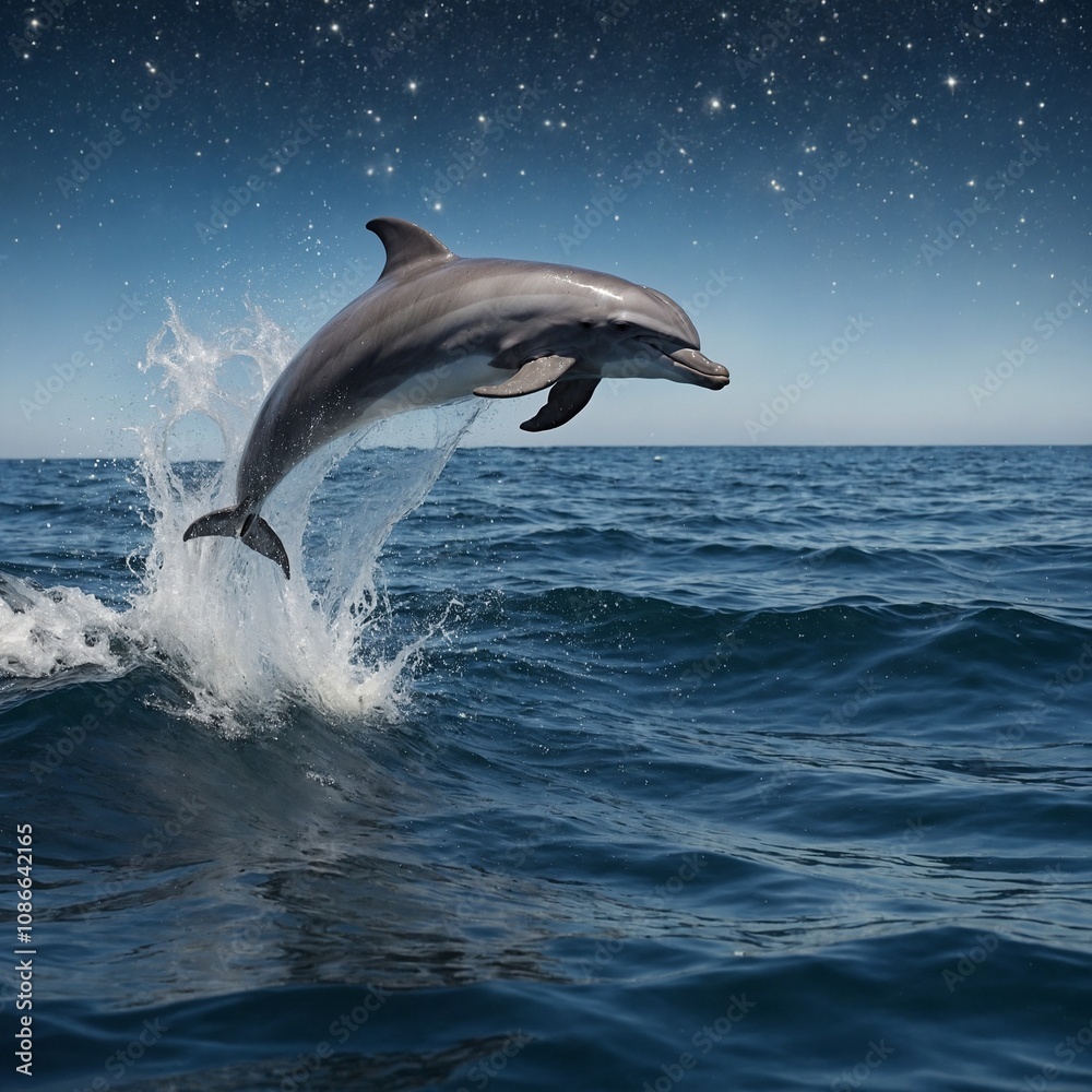 Fototapeta premium A dolphin leaping through waves covered in sparkling stars.