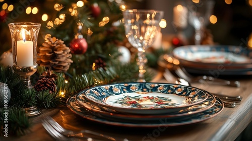 Festive dinner table with holiday decorations like colorful plates, candles lit, and a Christmas tree in the background