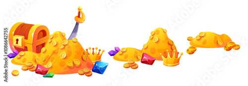 Treasure chest and piles of gold set isolated on white background. Vector cartoon illustration of golden coins, color gemstones, royal crown, old sabre and wooden box, jewelry cave or treasury assets