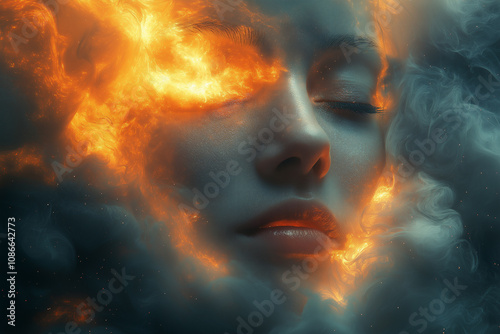 A realistic illustration of a woman's face around the fog. Futuristic ultra-realistic digital art. 