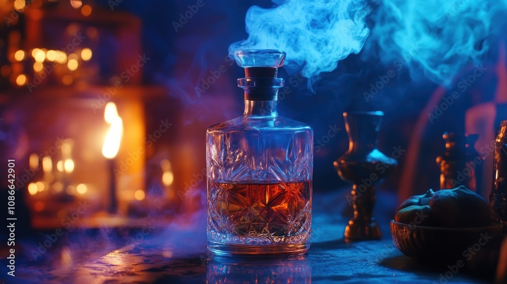 Rare mezcal bottle with a traditional Mexican glass, smoky ambiance and dimly lit bar setting Rare mezcal bottle with a traditional Mexican glass, smoky ambiance and dimly lit bar setting