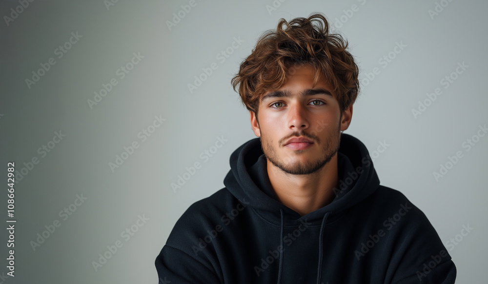 A young handsome man model posing in a black hoodie against an isolated background. A young handsome man model posing in a black hoodie against an isolated background.