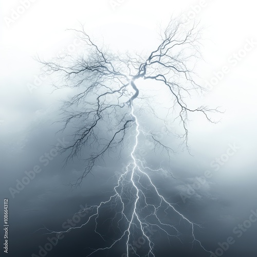 Dramatic lightning bolt striking through dark storm clouds, white isolate background.
