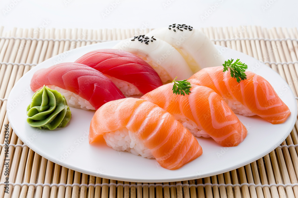 Fresh sushi plate on bamboo mat with clean white background Fresh sushi plate on bamboo mat with clean white background