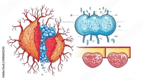 Detailed Illustration of Cell Processes Highlighting Cell Division and Communication, Featuring Lipid Droplets, Cytoplasm, and Cellular Structures for Educational Use photo