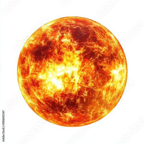 Glowing sun with fiery textures on a white isolated background
