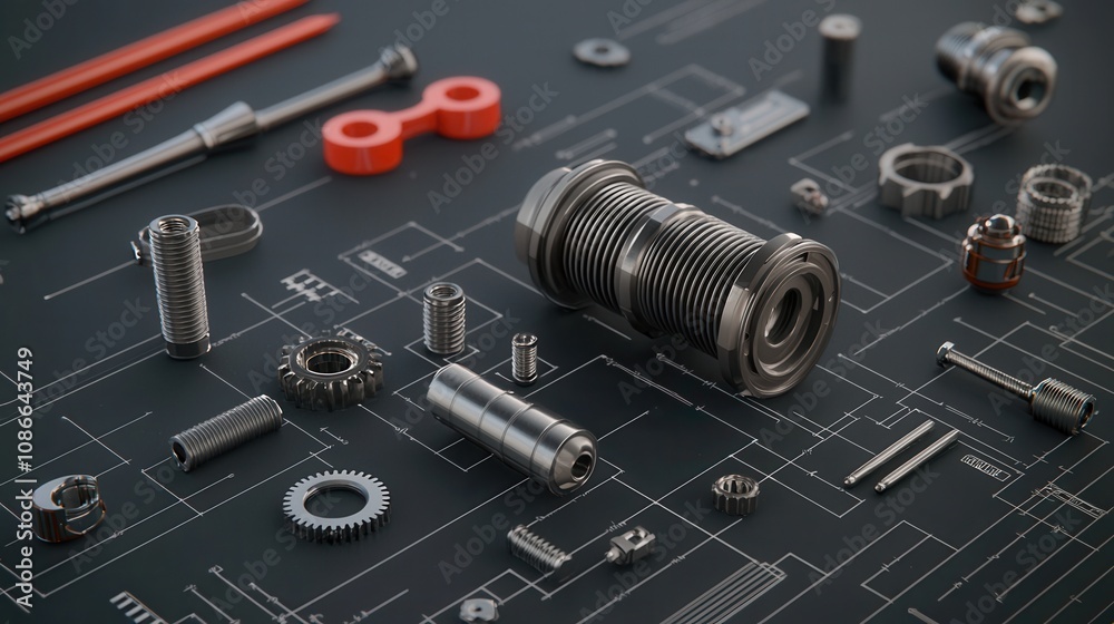 industrial pattern machinery. A collection of mechanical components and tools arranged on a blueprint background, showcasing various shapes and materials. industrial pattern machinery. A collection of mechanical components and tools arranged on a blueprint background, showcasing various shapes and materials.