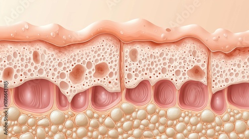 Detailed Representation of Human Skin Structure Illustrating Epidermis, Dermis, and Subcutaneous Layers with Cellular and Tissular Characteristics photo