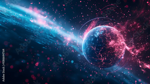 Science and technology abstract graphic background and texture, sphere planet circle, blue and pink tones, on dark background