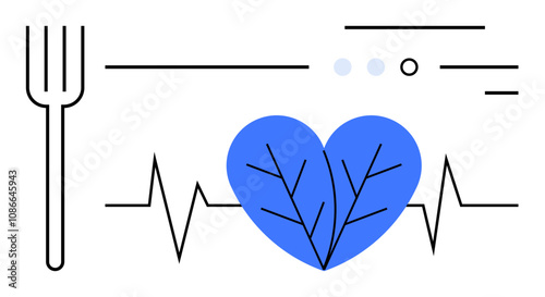 Fork beside heartbeat line and blue heart-shaped leaf symbol. Ideal for wellness, nutrition, heart health, healthy lifestyle, medical, fitness, and dietary themes. Line metaphor