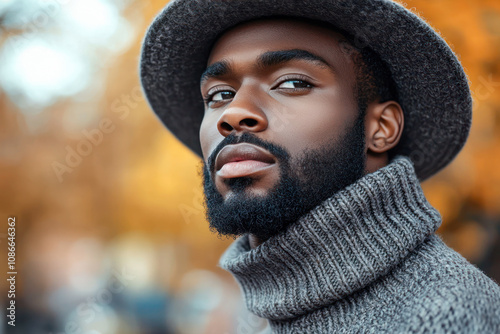 Portrait of a stylish Afro American man in a gray sweater and hat poising on a blurred city background. photo