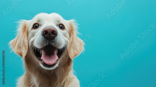 Golden Retriever Smiling Against a Blue Background photo