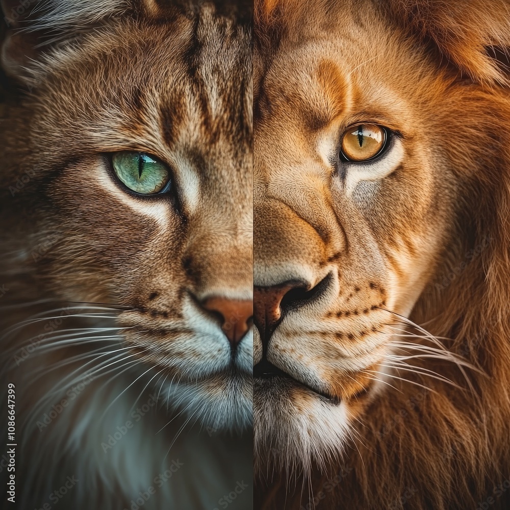 Close-up split face of lion and cat with fierce and calm expressions Close-up split face of lion and cat with fierce and calm expressions