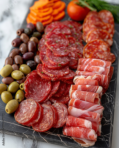 Delight in a beautifully arranged charcuterie platter showcasing various cured meats, olives, and vibrant veggies