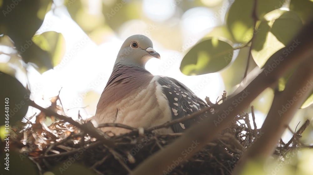 A pigeon resting in its nest among green leaves, showcasing nature's tranquility. A pigeon resting in its nest among green leaves, showcasing nature's tranquility.