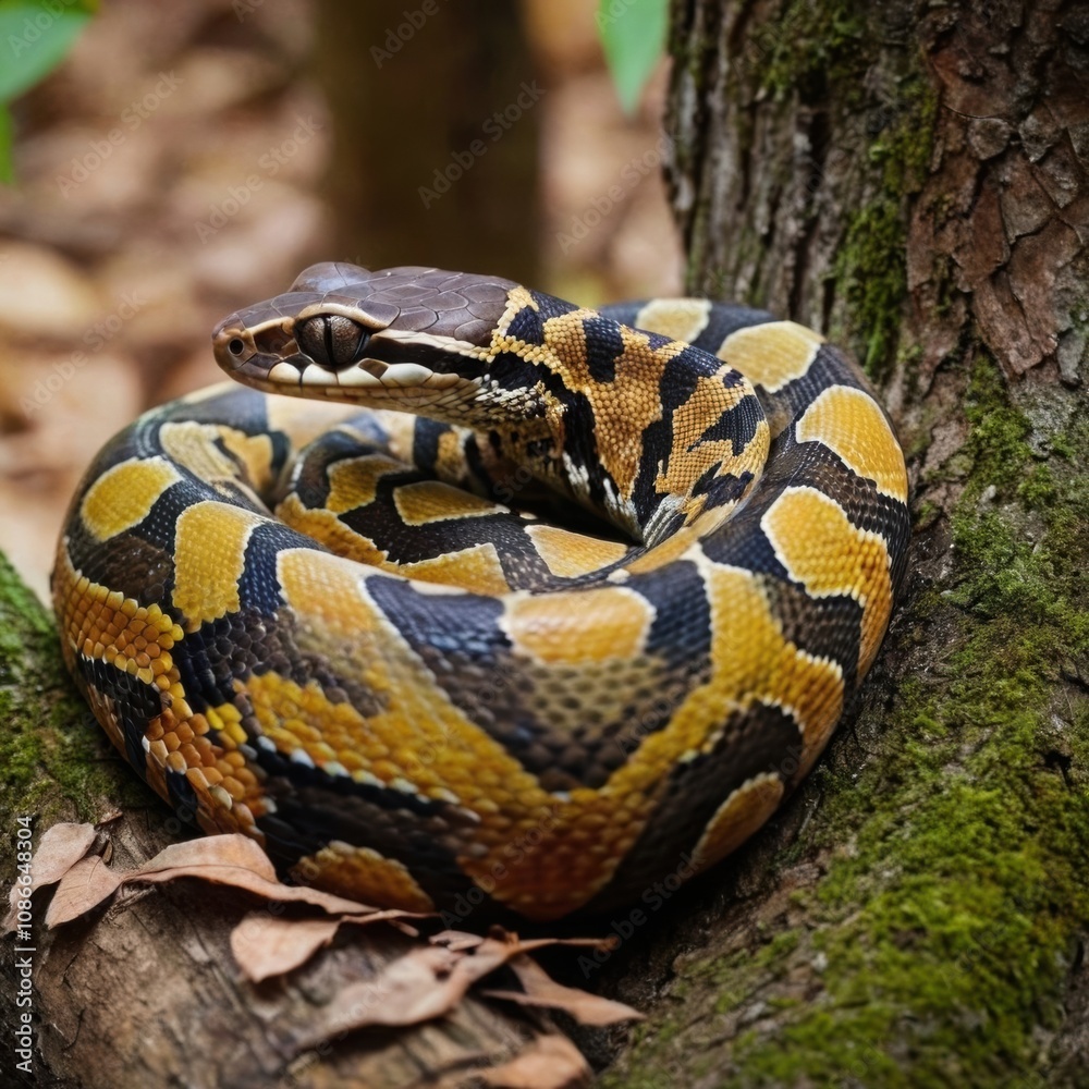 A brightly patterned boa constrictor coiled around. A brightly patterned boa constrictor coiled around.