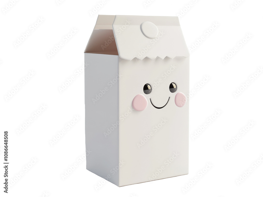 The image has been cut out to be transparent for ease of work. It is an image of a white box for milk. It has a cute character style. It is a 3D render in pastel tones. The image has been cut out to be transparent for ease of work. It is an image of a white box for milk. It has a cute character style. It is a 3D render in pastel tones.