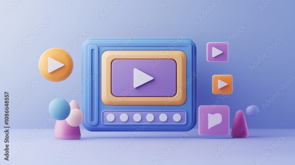 A colorful, 3D representation of a multimedia player with various play buttons and shapes. A colorful, 3D representation of a multimedia player with various play buttons and shapes.