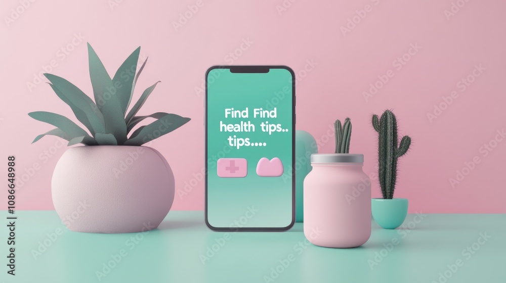 A smartphone displaying health tips alongside decorative plants and jars in a pastel setting. A smartphone displaying health tips alongside decorative plants and jars in a pastel setting.