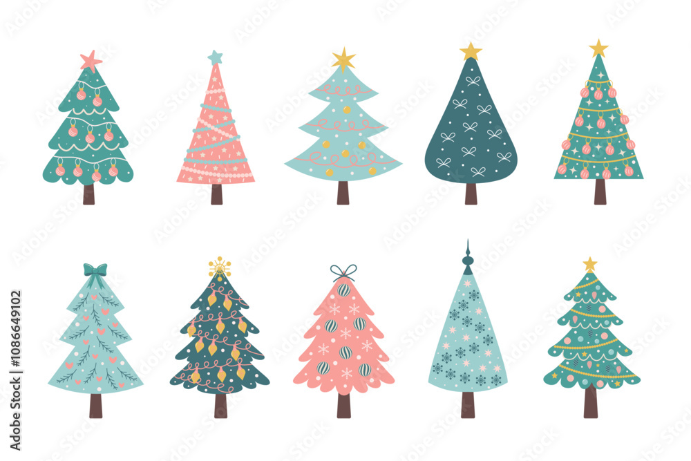 Obraz premium Сhristmas trees set. Cute pastel decorated Christmas trees with baubles and garlands. Nursery art Scandinavian style.