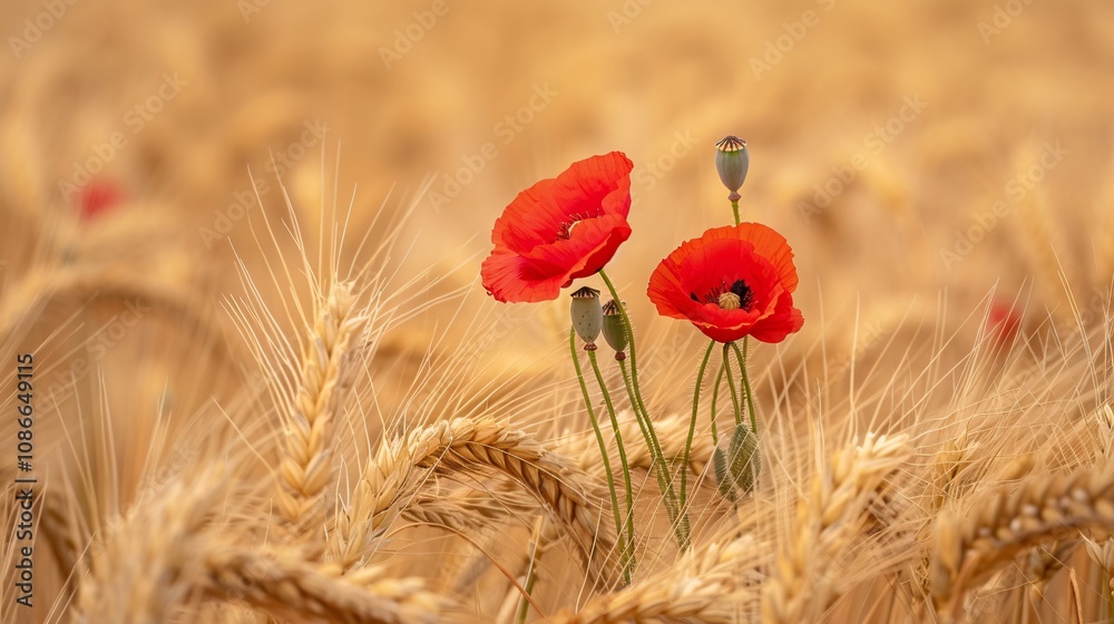 Fototapeta premium Red poppies blooming in a golden wheat field