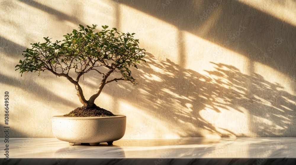 A bonsai tree casts intricate shadows on a textured wall, showcasing natural beauty and tranquility. A bonsai tree casts intricate shadows on a textured wall, showcasing natural beauty and tranquility.