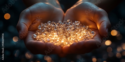 Elegant jeweler's hands holding sparkling diamonds in close-up shot