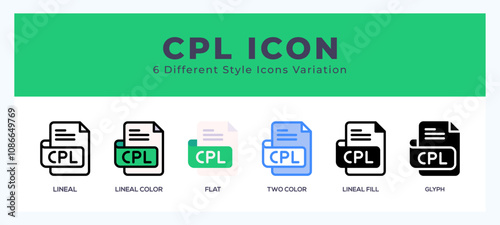 Cpl file icon set. outline. glyph black. flat color and filled line color
