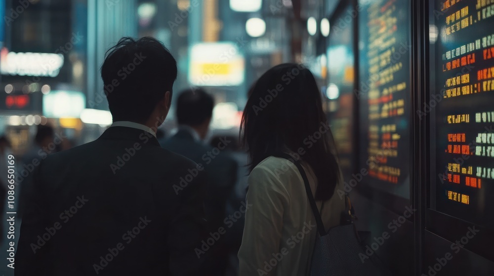 A couple walks through a bustling urban area, illuminated by vibrant electronic displays. A couple walks through a bustling urban area, illuminated by vibrant electronic displays.