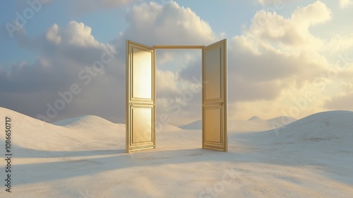 Surreal open door in a desert landscape with distant mountains and clouds photo